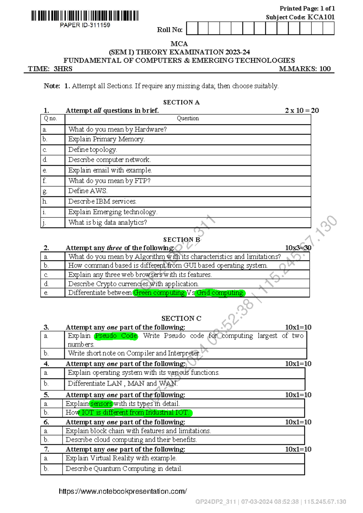 KCA MCA SEM I Theory Exam Paper on Fundamentals of Computers 2023-24 ...