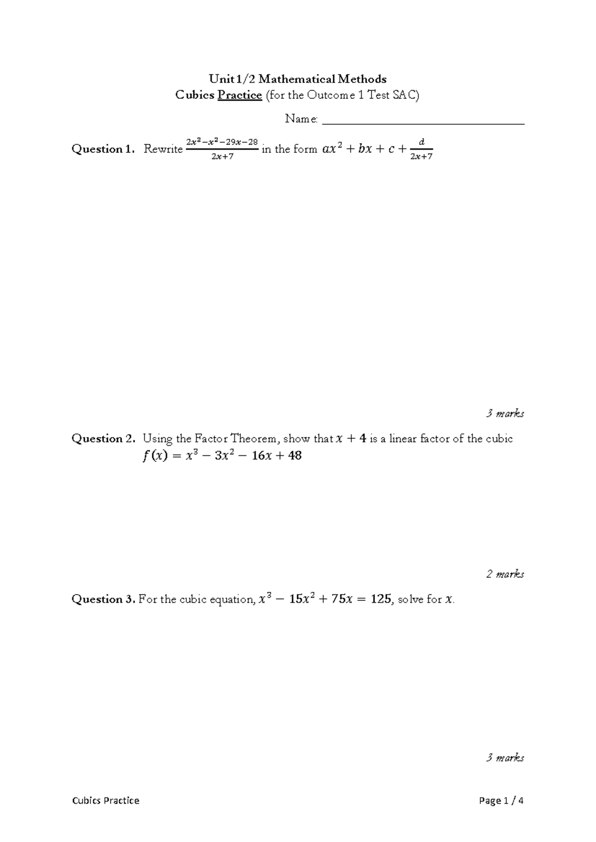 Cubics Test Practice BAXT 2018: Outcome 1 Test SAC Questions - Studocu