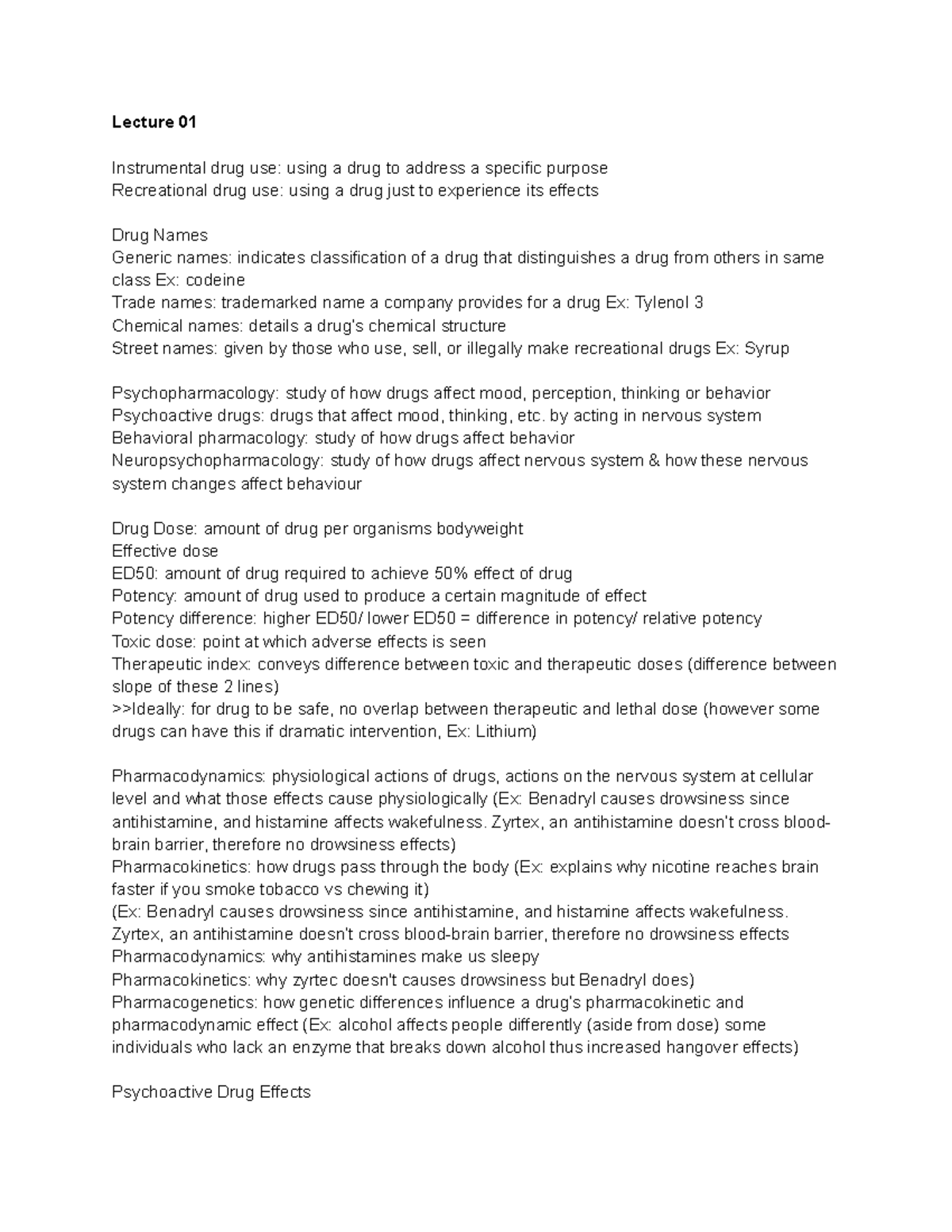 PSYC62 Lecture Notes on Psychopharmacology & Neuroanatomy (Ch. 1-11) - Document Preview