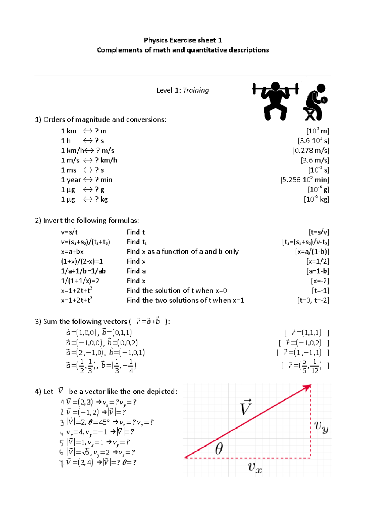 Physics Exercise Sheet 1: Math & Quantitative Descriptions Level 1 ...