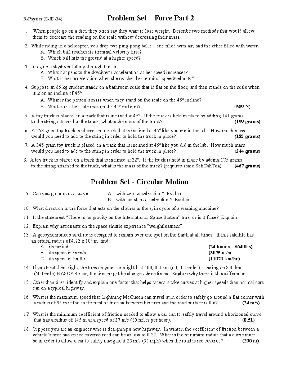 R-Physics (S-JD-24) Problem Set – Force 2 & Circular Motion '24 - Studocu