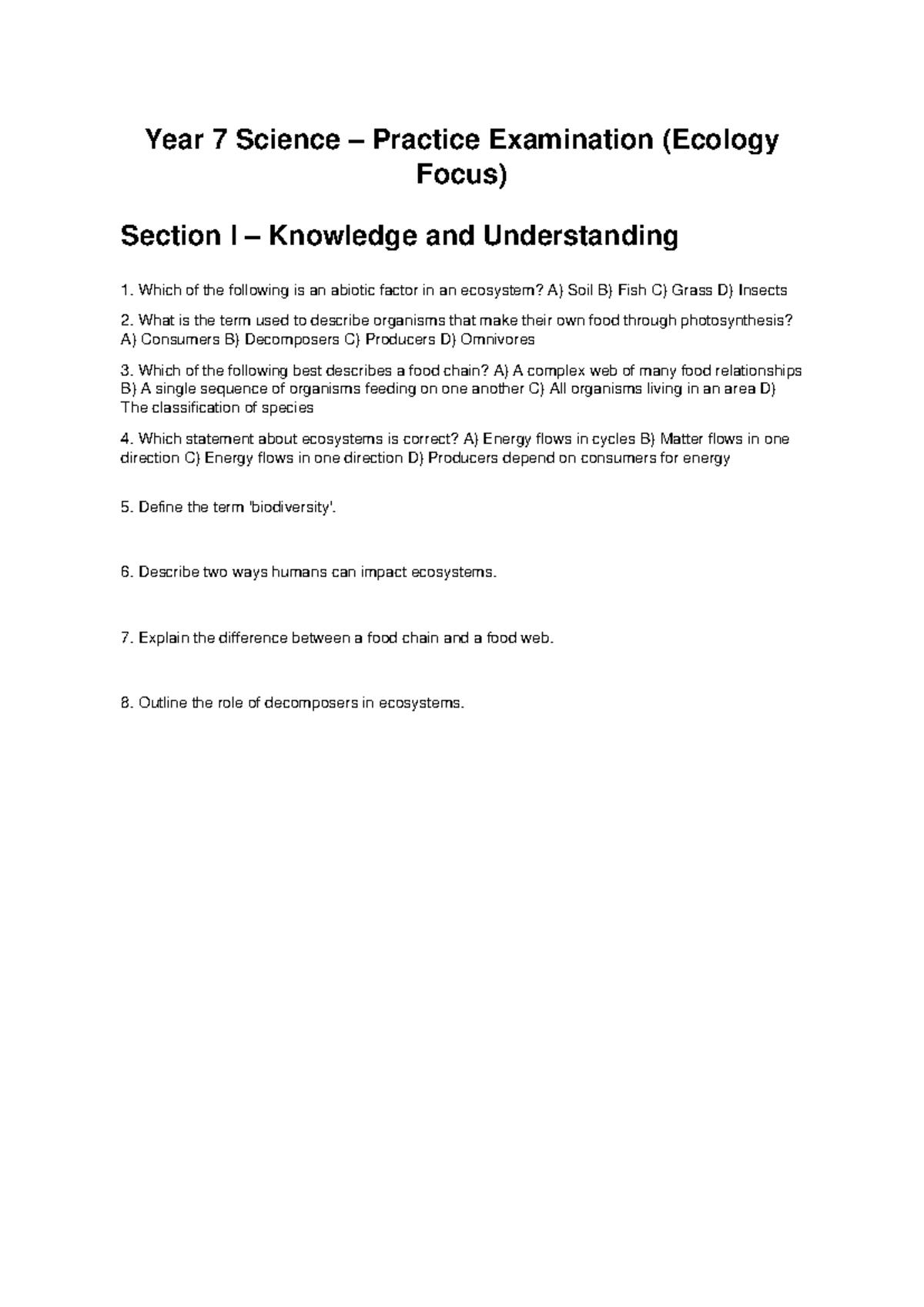 Year 7 Science Practice Test: Ecology Focus Exam - Studocu