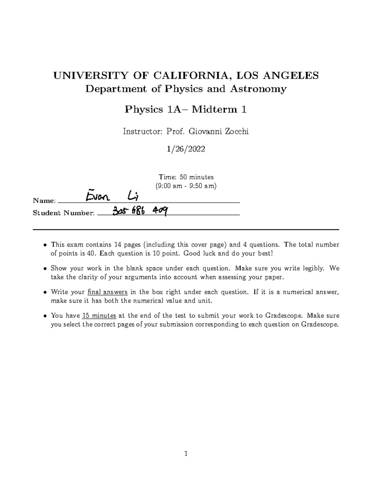 Physics 1A - Midterm Exam #1 - Spring 2023 - UCLA - Studocu