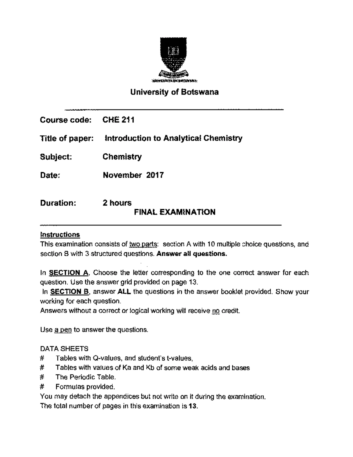 CHE 211 Course Outline - Intro to Analytical Chemistry Concepts - Studocu