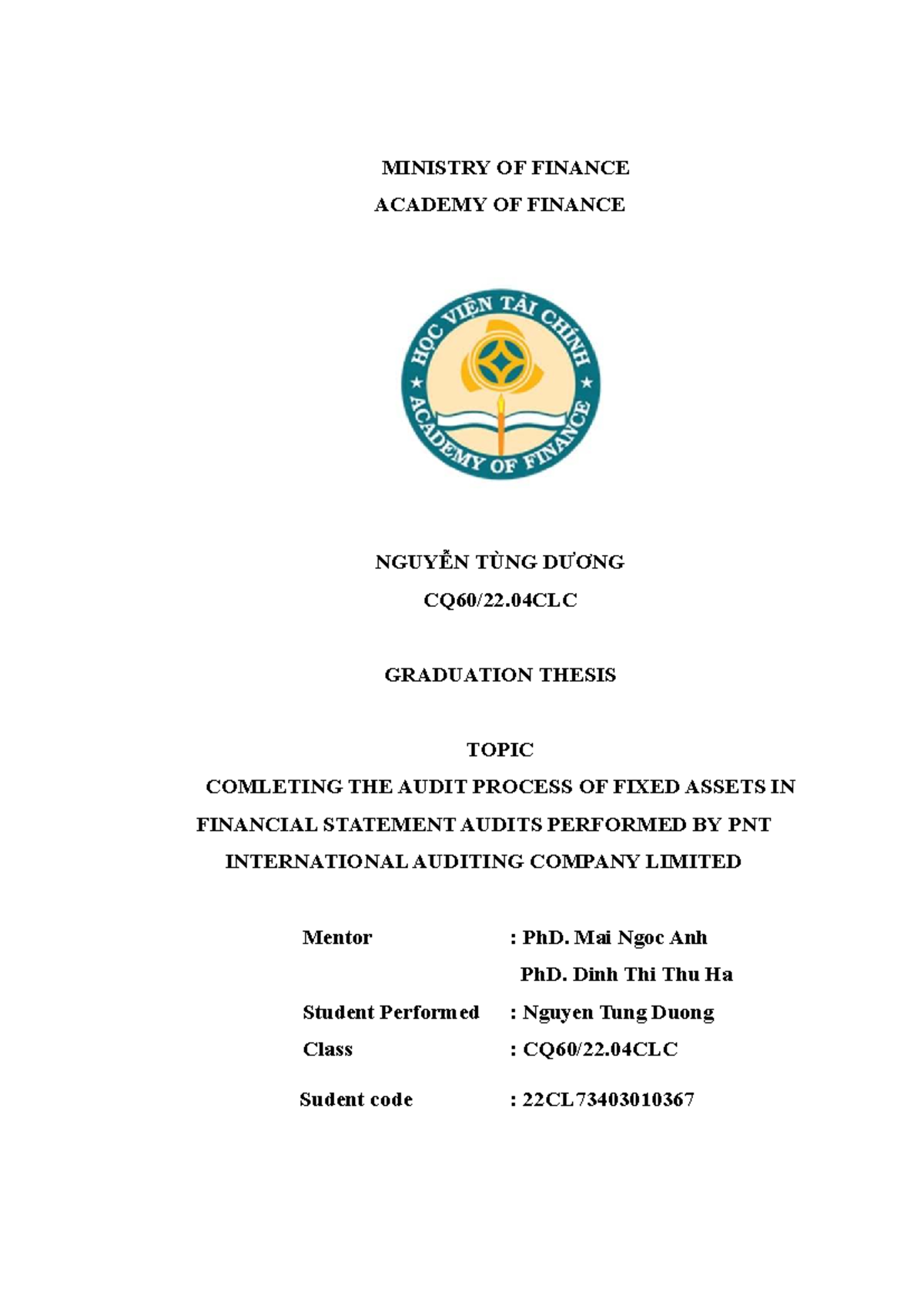 Graduation Thesis: Completing the Audit Process of Fixed Assets in ...