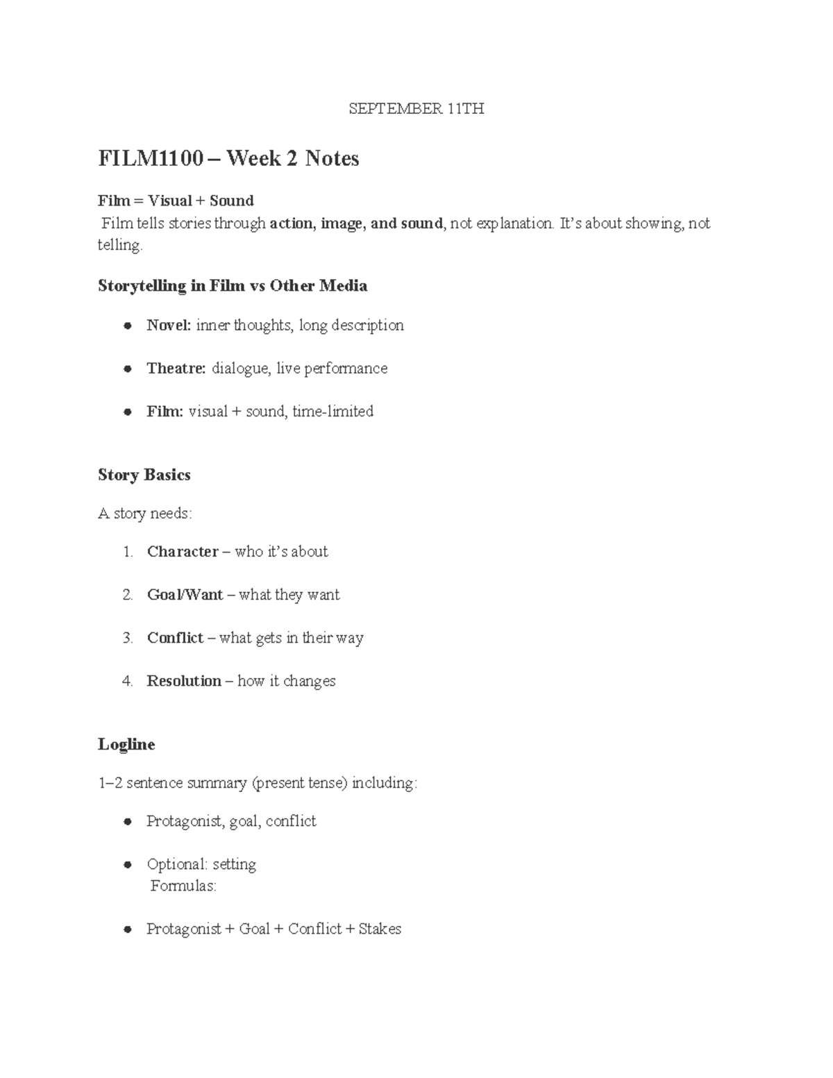 FILM1100 - Week 2 & 3 Notes: Screenwriting and Cinematic Techniques ...