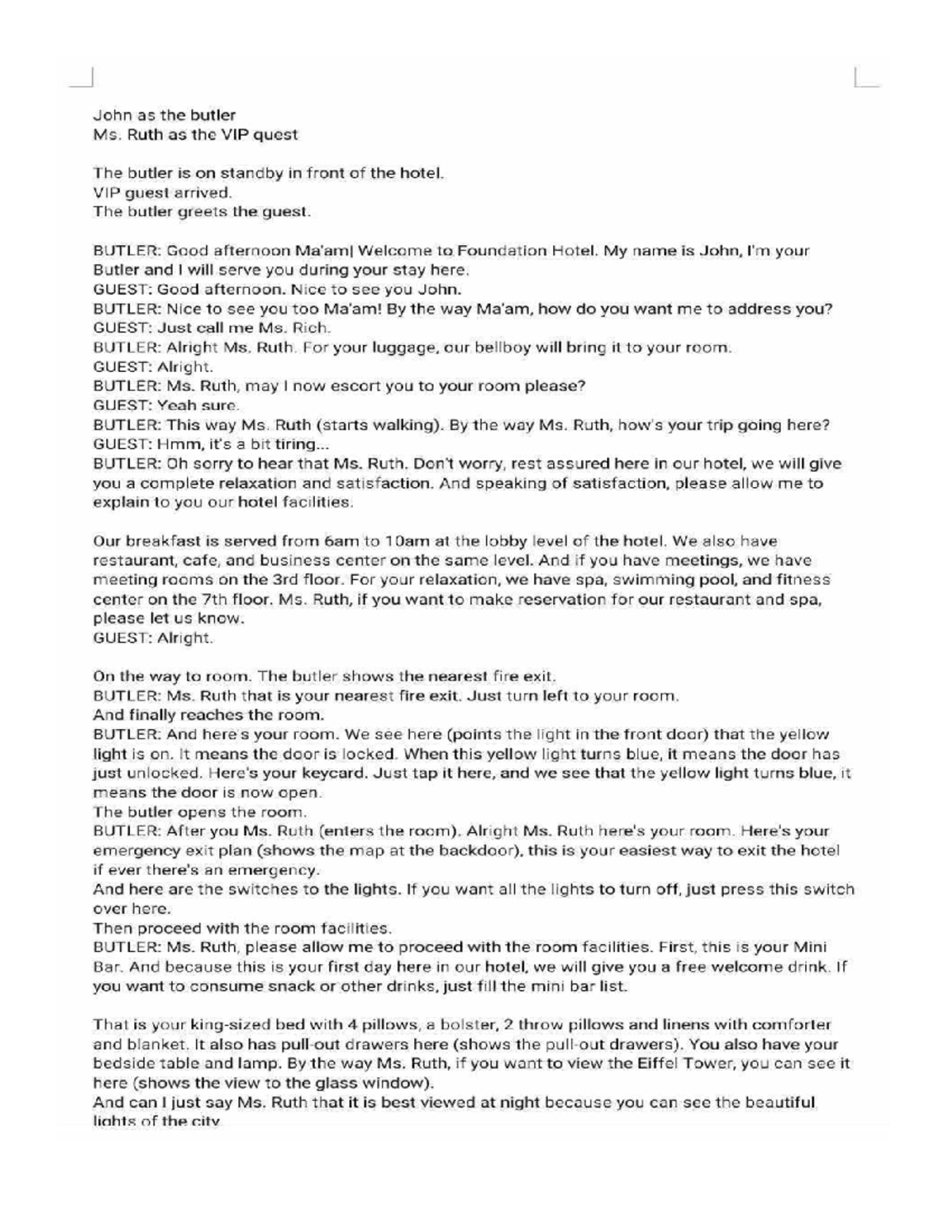 Butler Script for Housekeeping NCII: Ms. Ruth's VIP Experience - Studocu