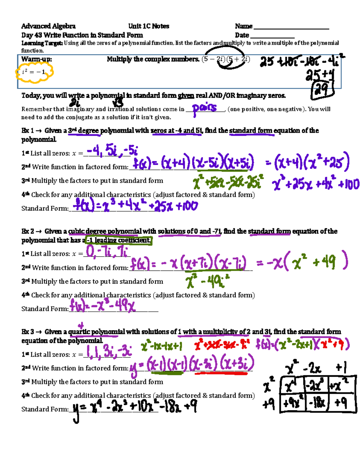 Advanced Algebra 1C Notes: Writing Polynomial Functions in Standard ...