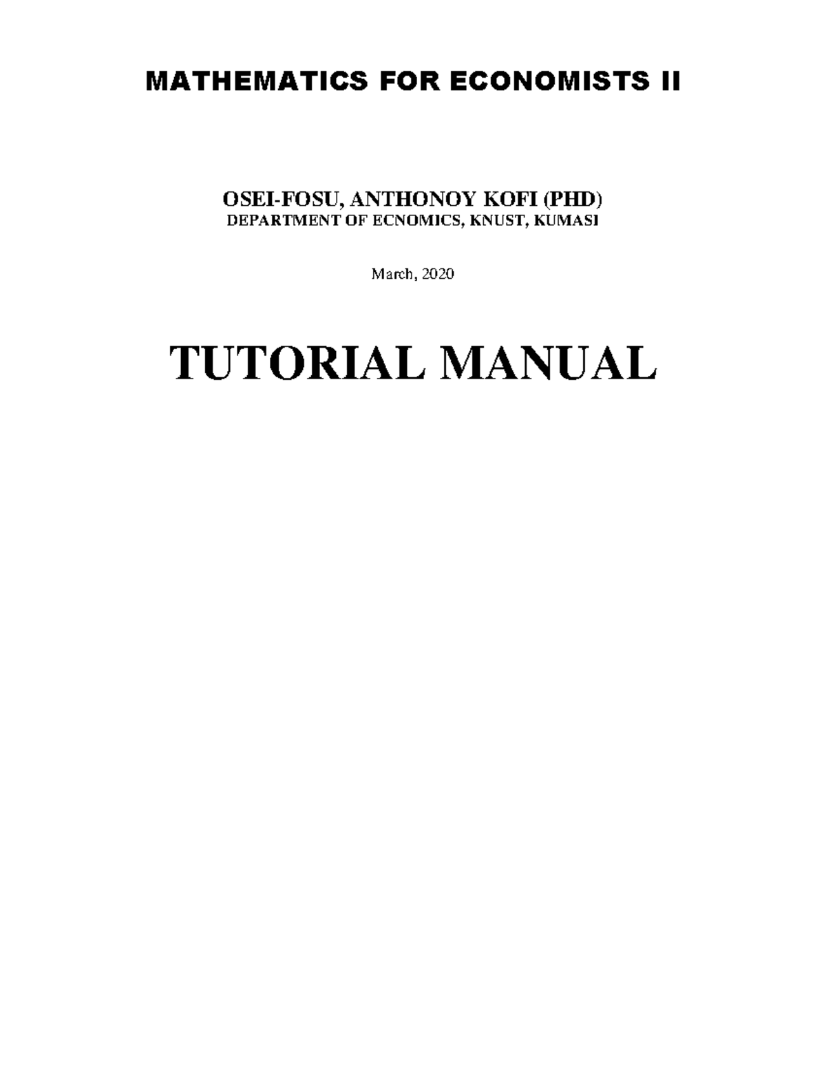 ECON 154 Tutorial Manual: Mathematics for Economists II - Studocu