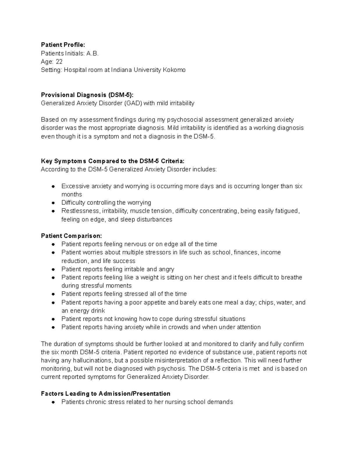 Psychosocial Assessment: Generalized Anxiety Disorder (GAD) Case Study ...