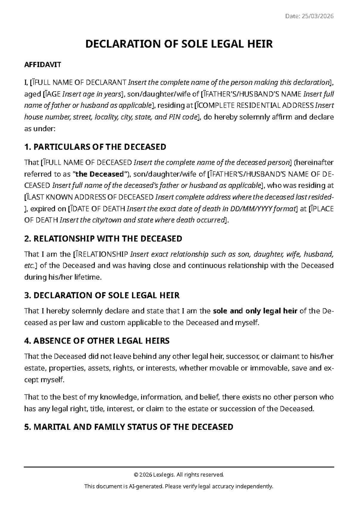 Sole Legal Heir Declaration Affidavit Template - Studocu