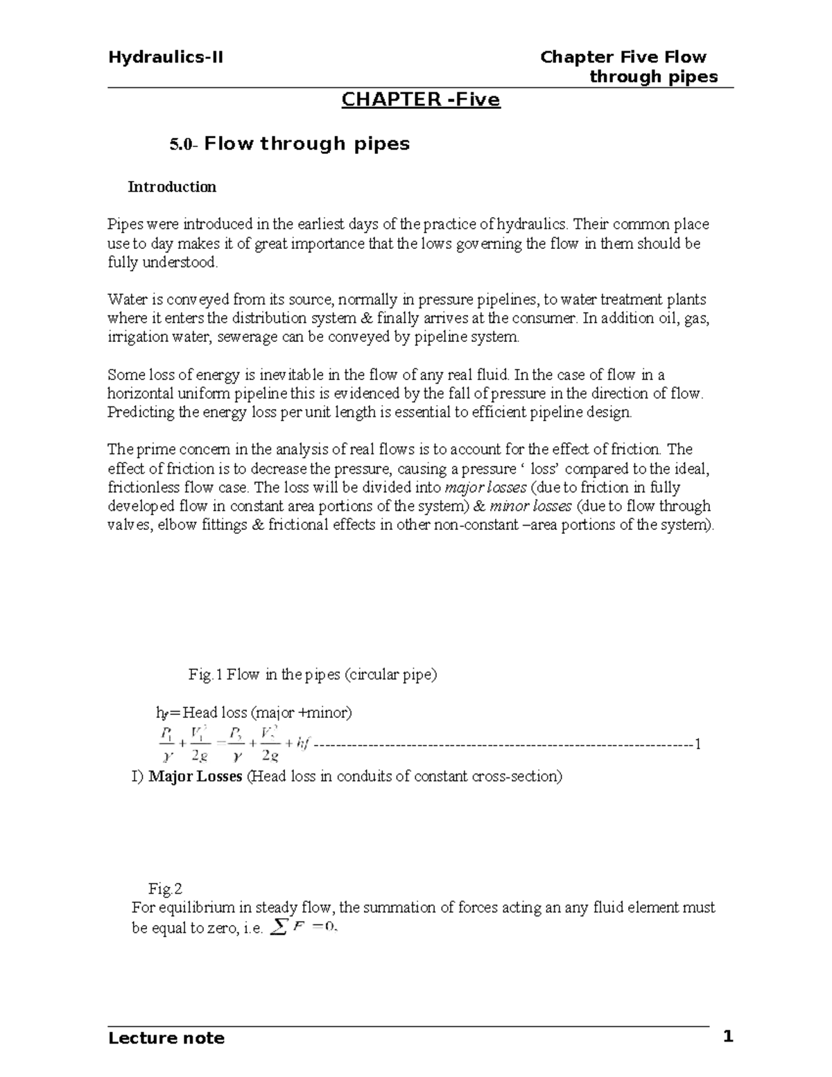 CHAPTER 5: Flow Through Pipes - Hydraulics 2 Lecture Notes - Studocu