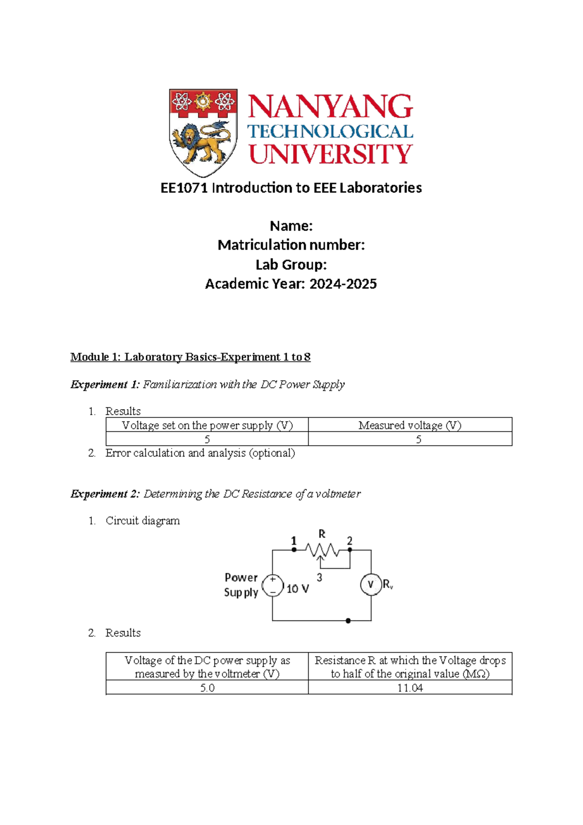 Lab Report for EE1071: Experiments 1-16 on DC Circuits and Components ...
