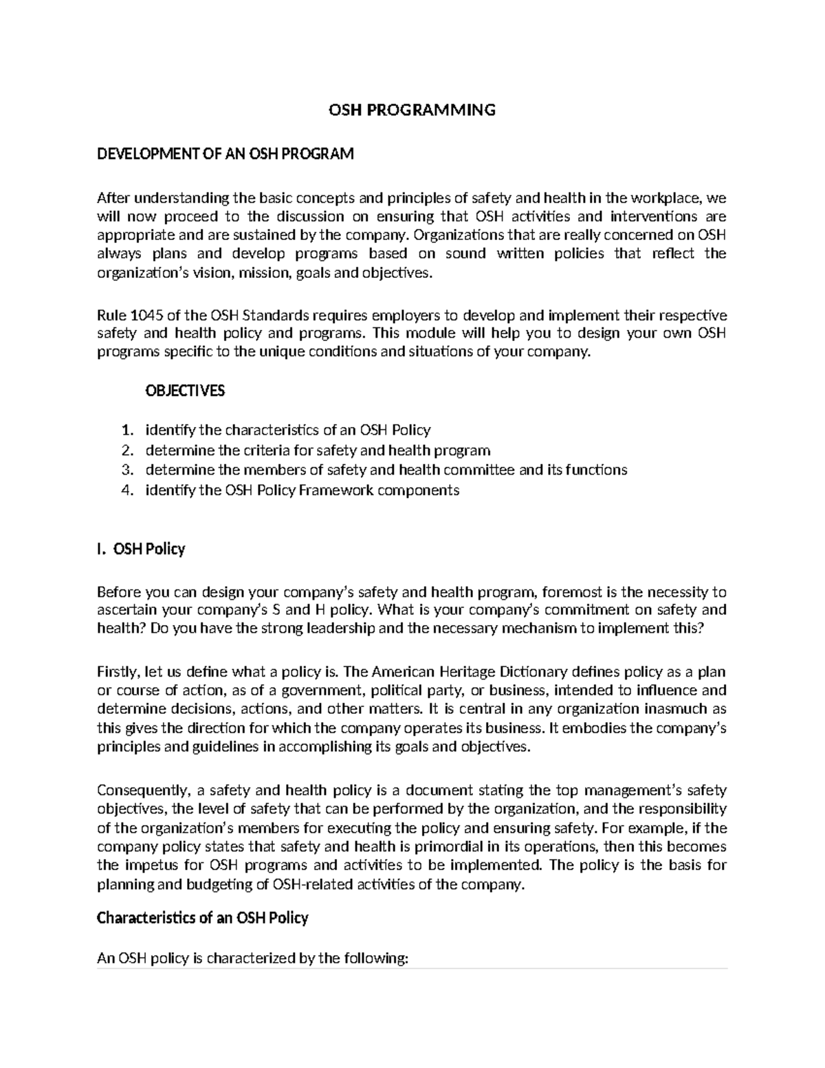OSH Programming: Developing Effective Safety and Health Policies - Studocu