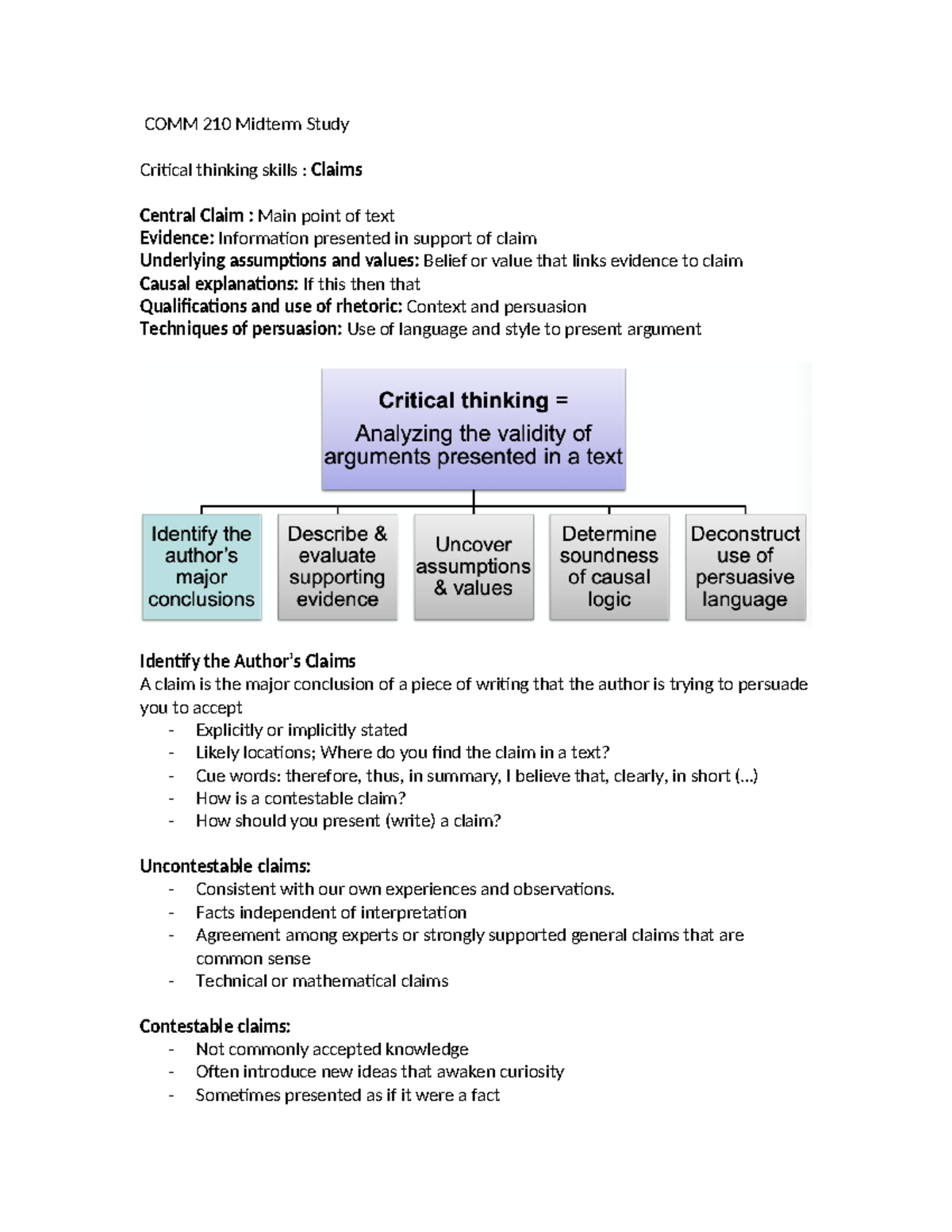 COMM 210 Midterm Exam Study Guide: Critical Thinking & Claims - Studocu
