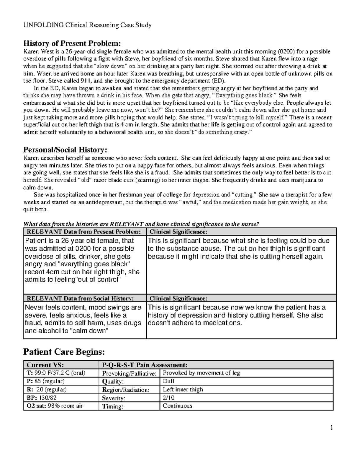 BP CS - Clinical Reasoning Case Study on Karen West's Mental Health ...