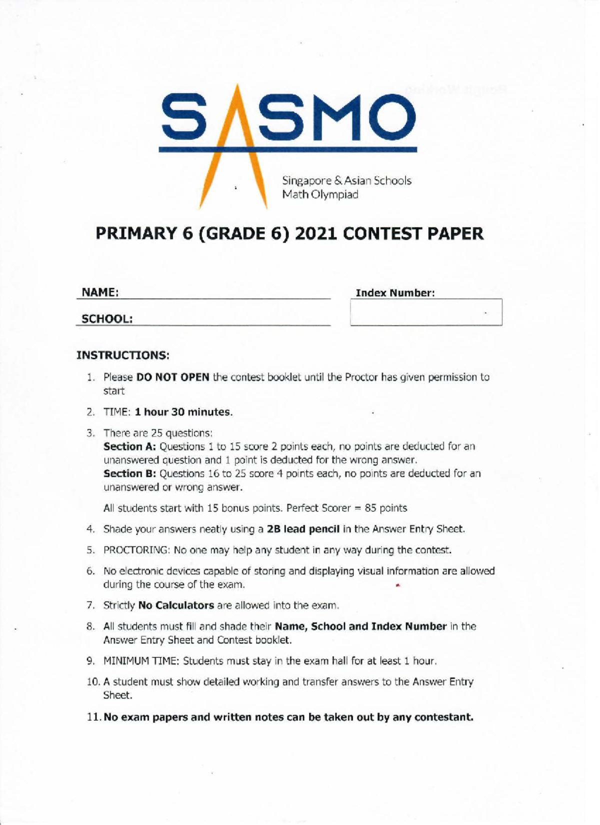 SASMO 2021 Primary 6 Contest Paper and Instructions - Studocu
