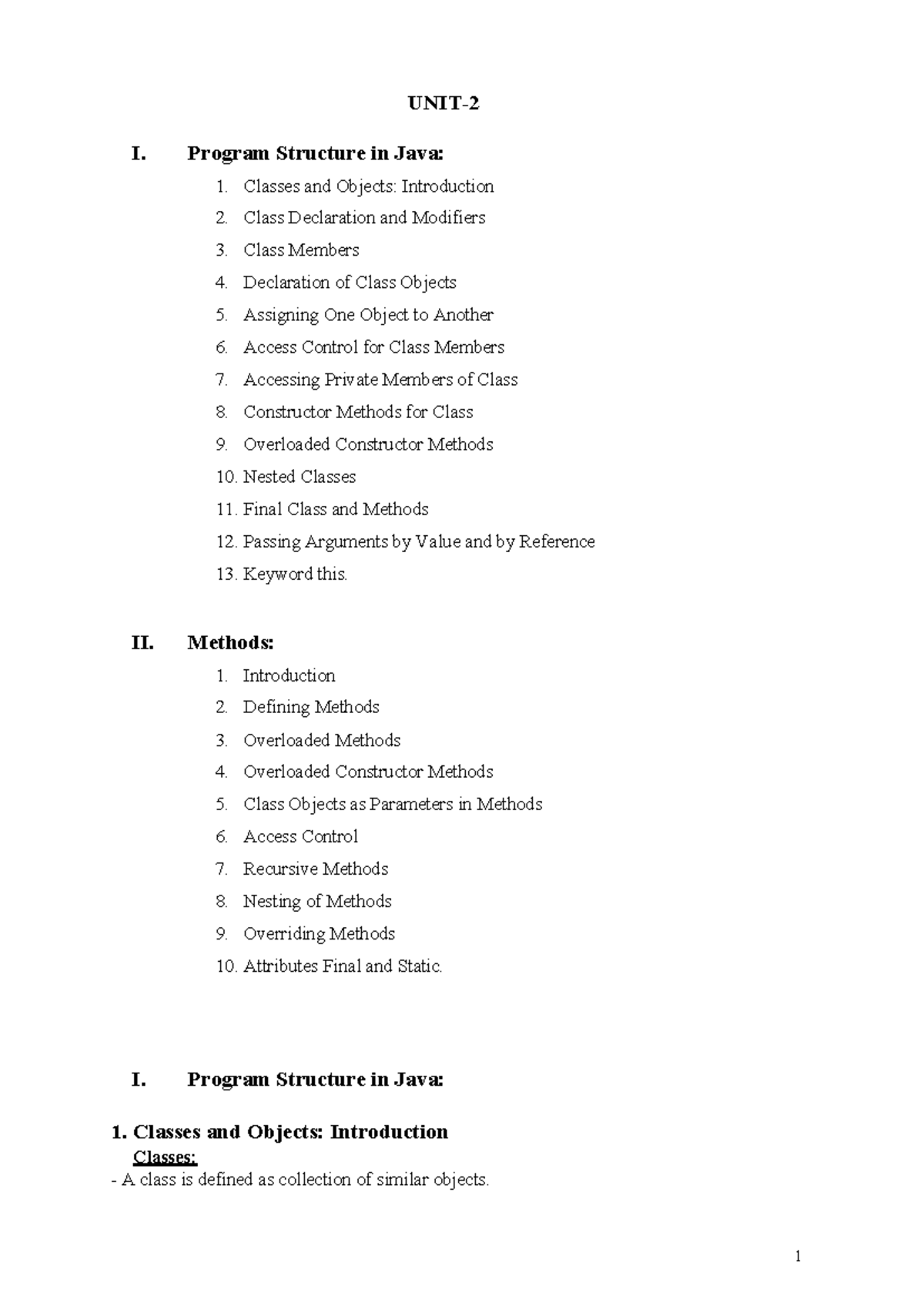 UNIT -2(JAVA) - Class Structure and Methods Overview - Studocu
