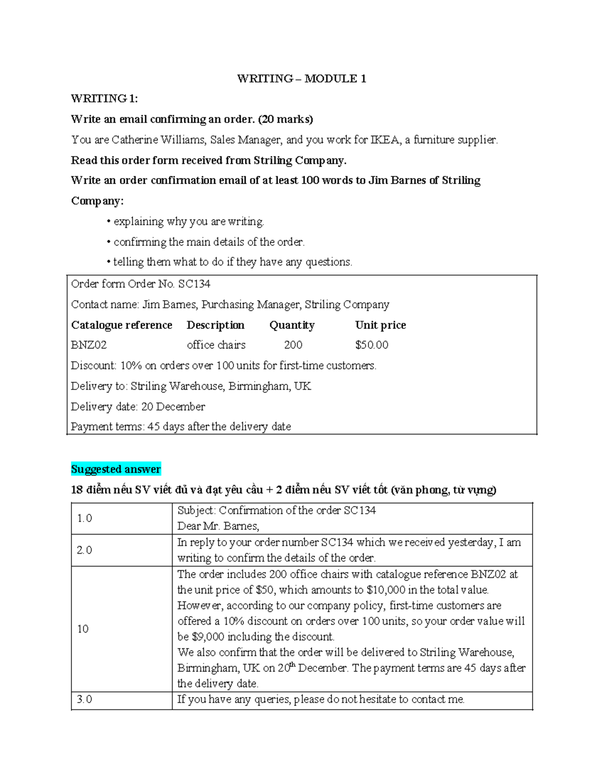 Writing Module 1: Email Confirmation of Order SC134 (20 Marks) - Studocu