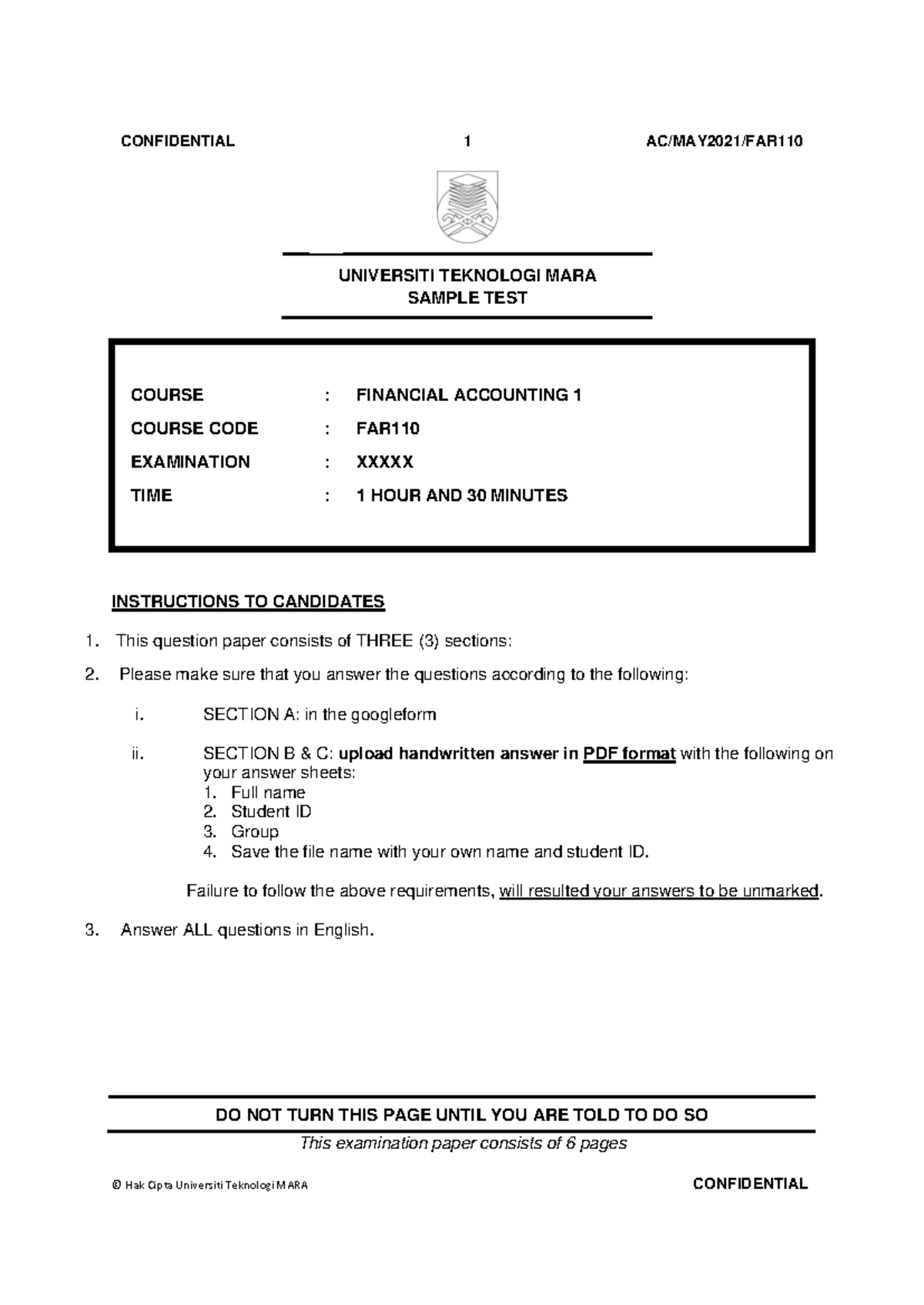 FAR Sample Test - Financial Accounting 1 (Test May 2021) - Studocu