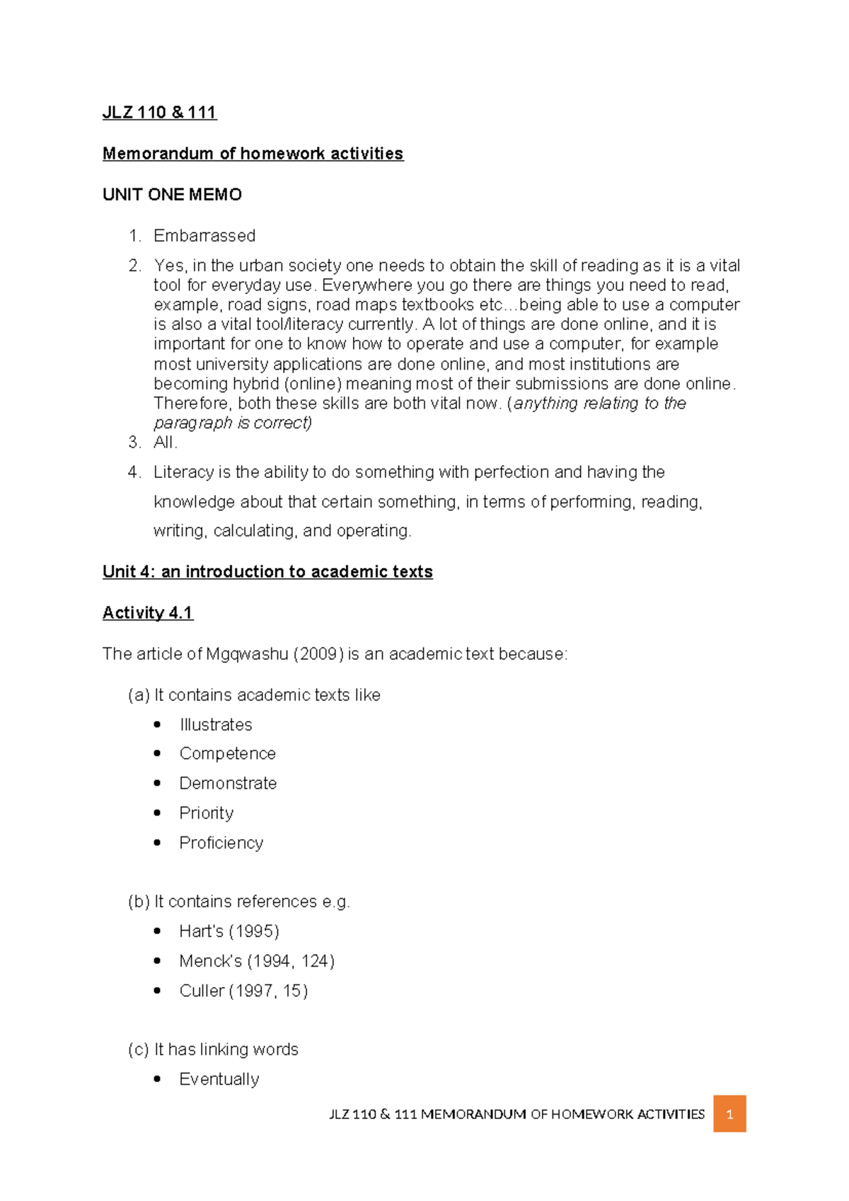JLZ Homework Memo - Tagged - JLZ 110 & 111 Memorandum of homework ...