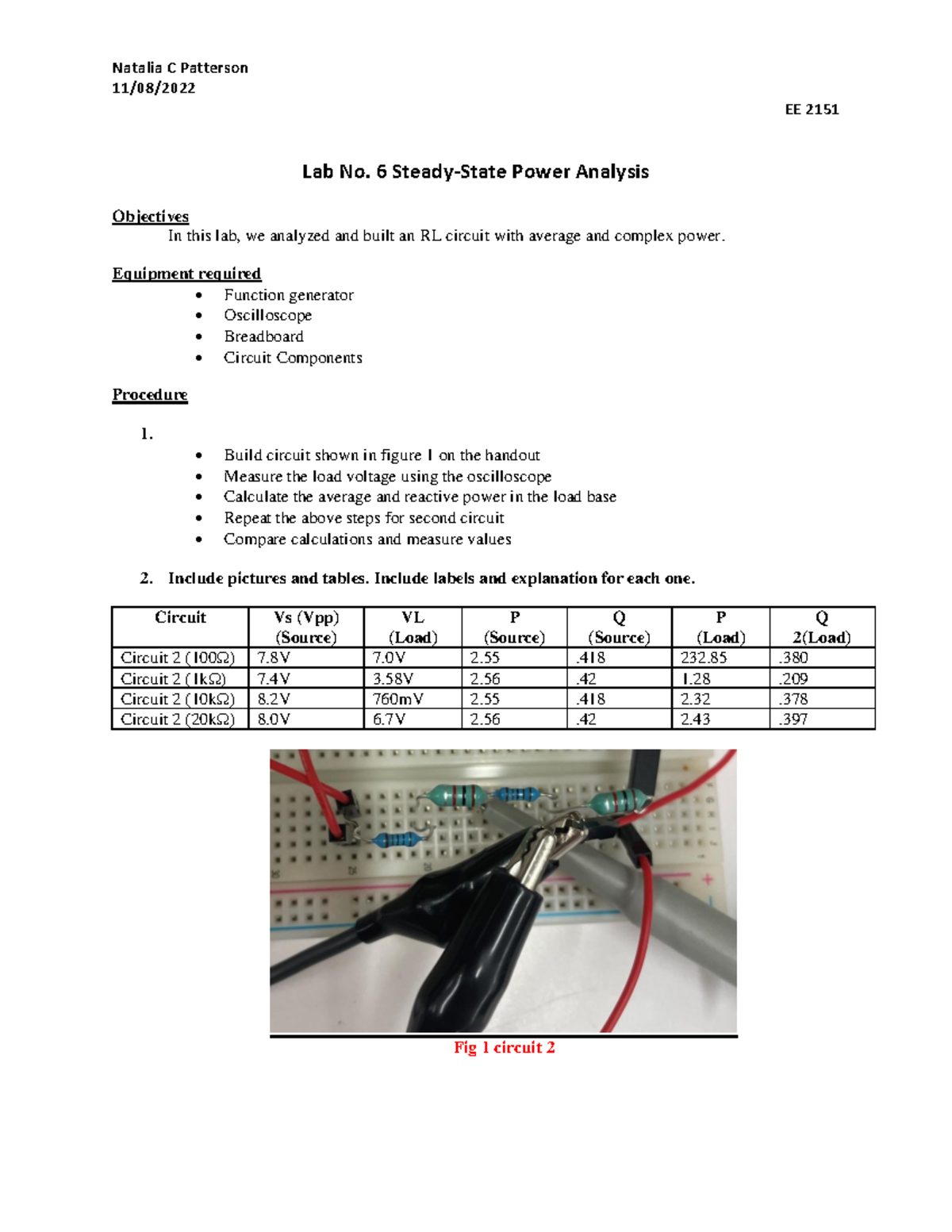 Lab #6 - lab report 6 - Natalia C Patterson 11/08/ EE 2151 Lab No. 6 ...