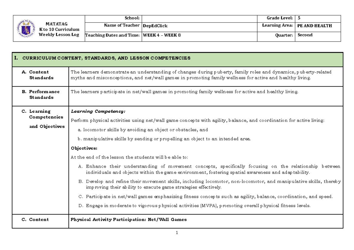 PE and Health 5 Matatag DLL: Weekly Lesson Log Q2 W4-W8 - Studocu