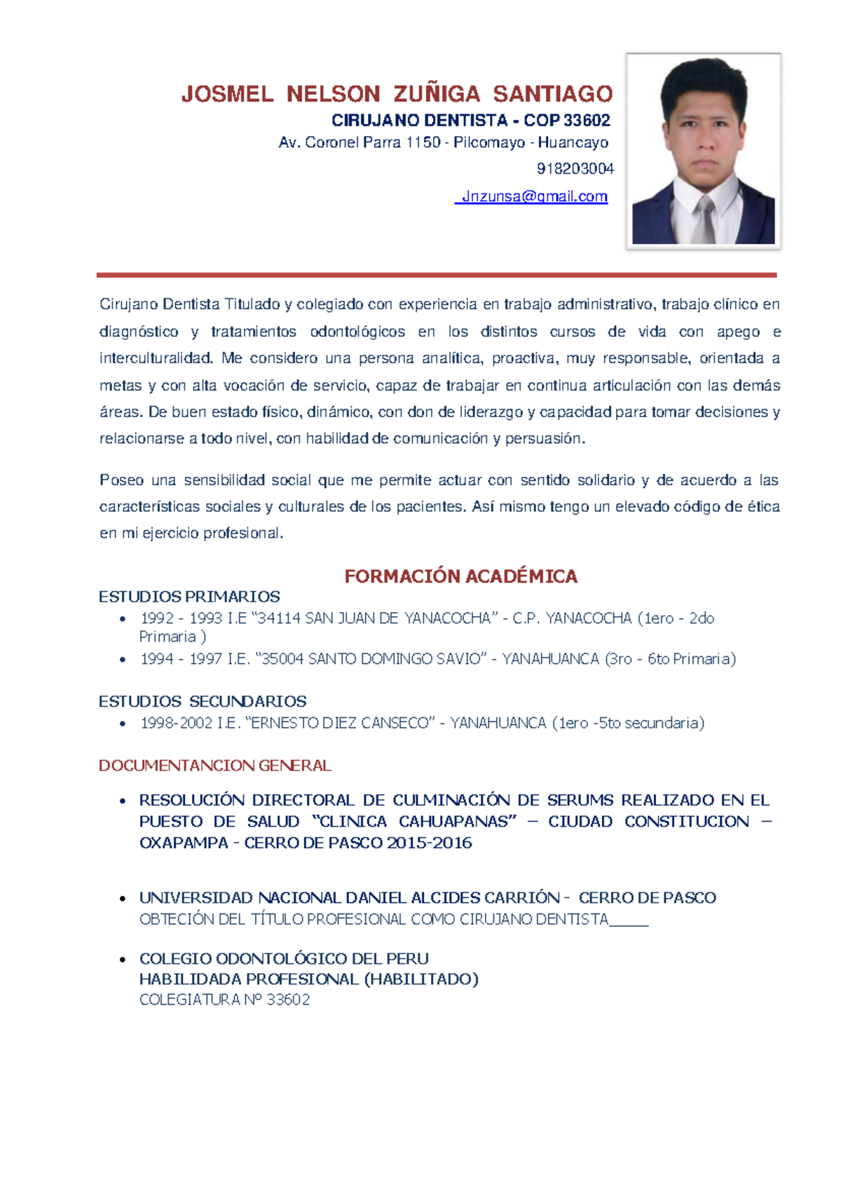CV - Cirujano Dentista JOSMEL NELSON ZUÑIGA COP 33602 - Document Preview