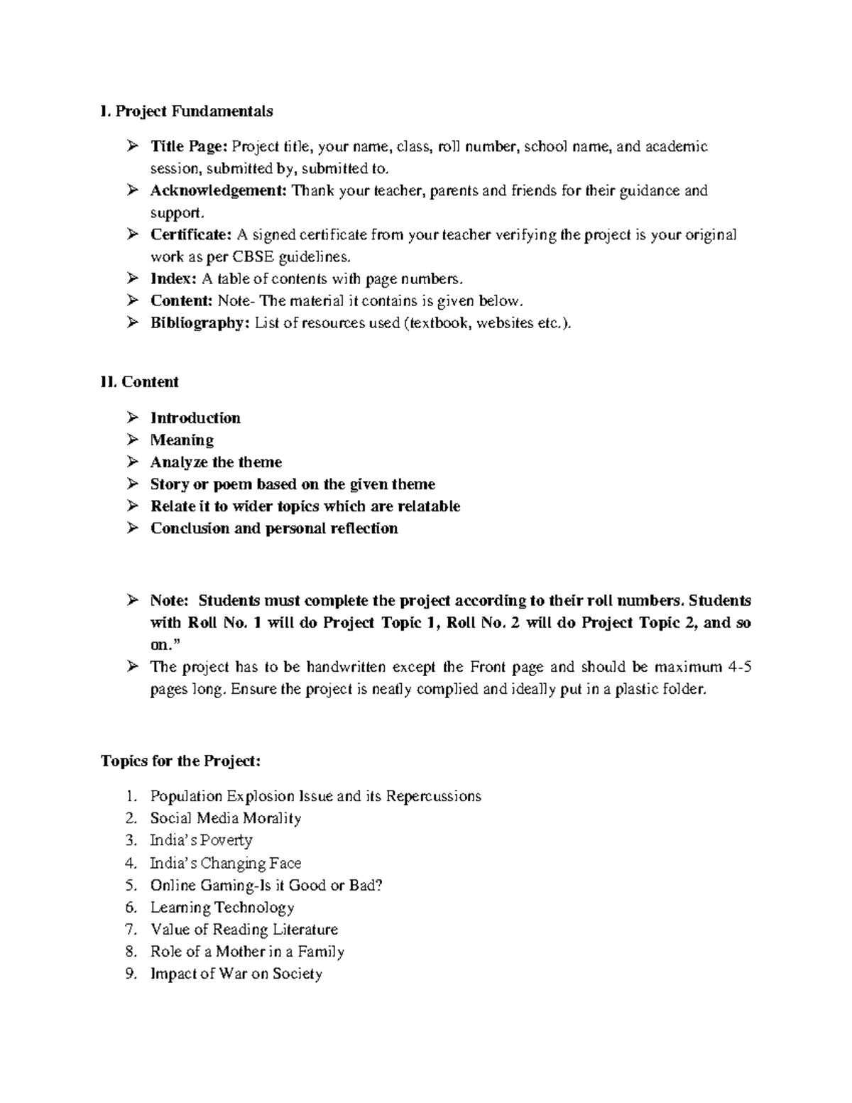 ASL Project Class XI: Guidelines and Topics Overview - Studocu