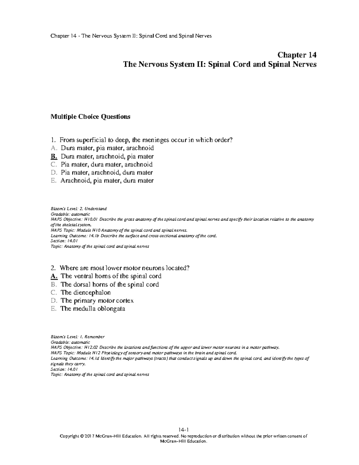 Chapter 14: Nervous System II - Spinal Cord & Nerves MCQs Study Guide ...