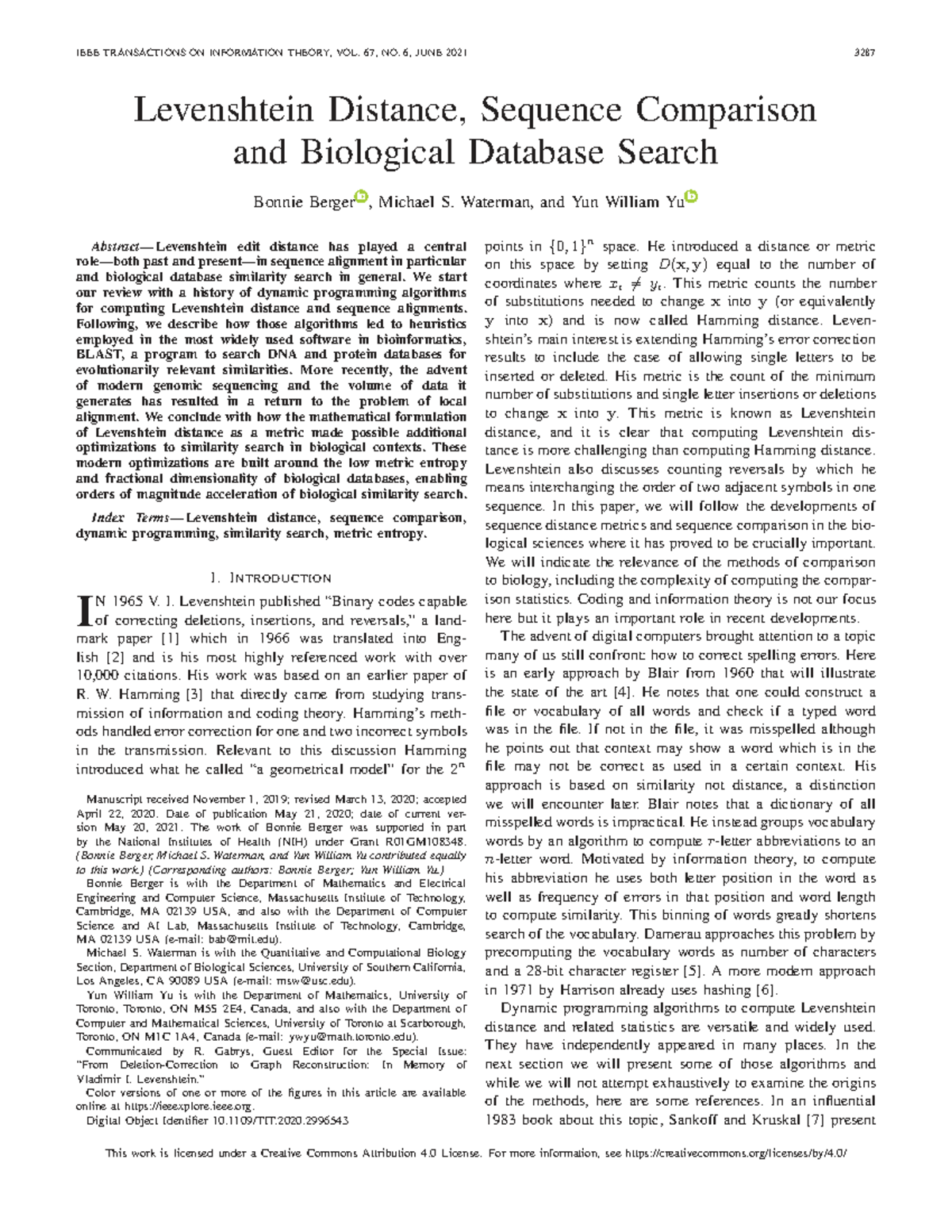 Levenshtein Distance and Sequence Comparison in Bioinformatics (INFO 67 ...