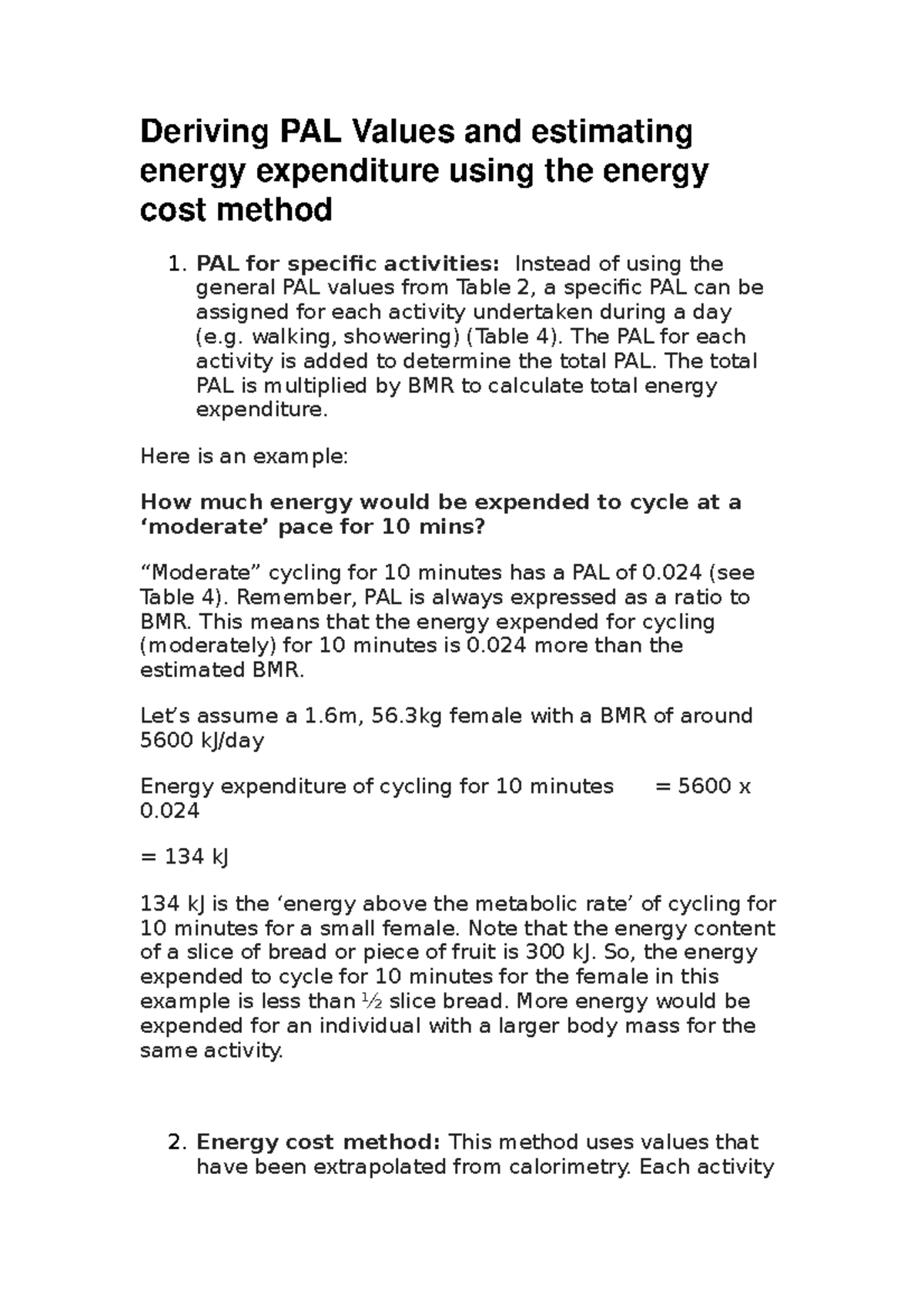 Deriving PAL Values and Estimating Energy Expenditure: A Detailed Study ...