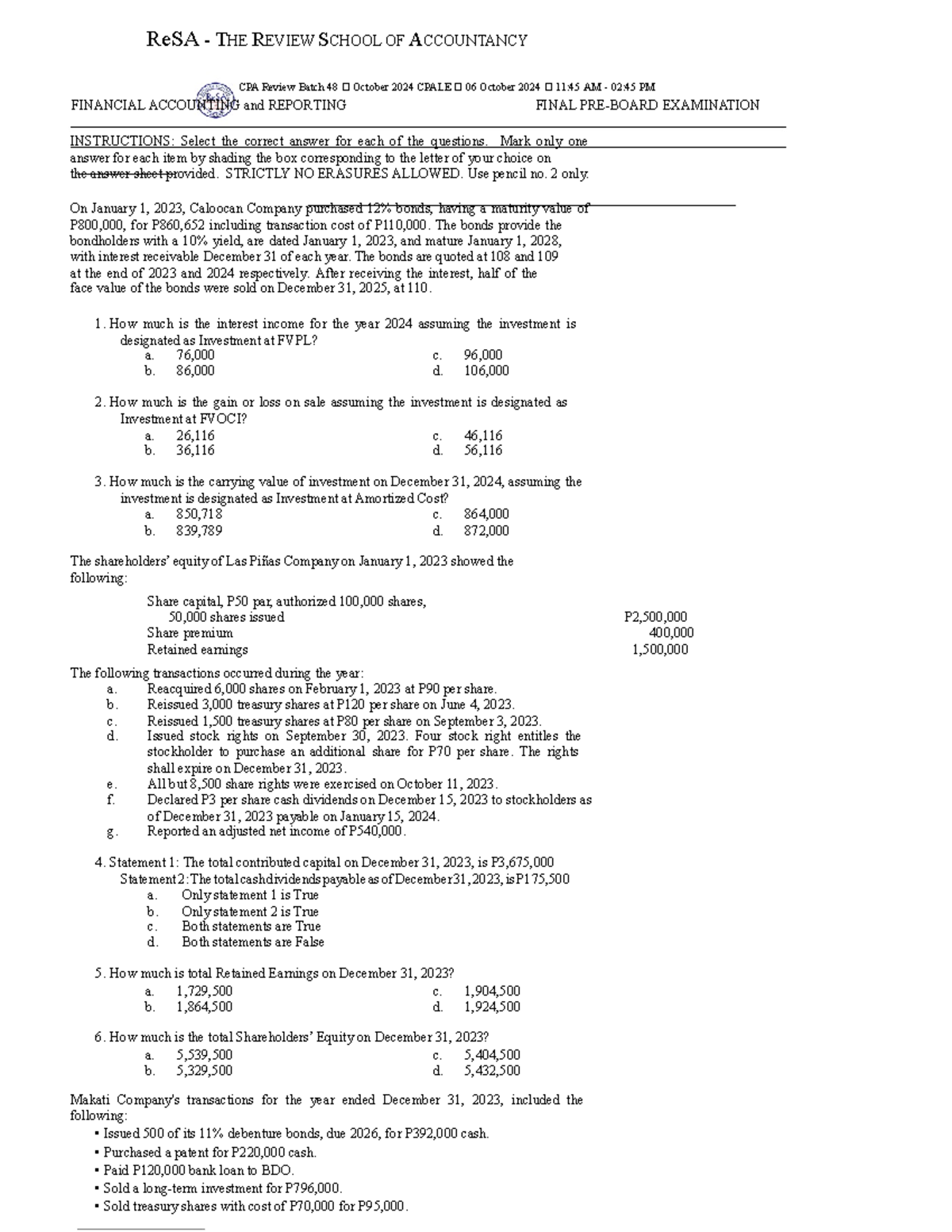 FAR Final Exam Review: Financial Accounting & Reporting - ReSA Batch 48 ...