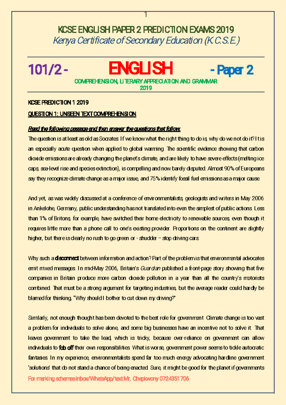 KCSE ENG2 Paper 2 Prediction Exam Notes 2019 - Studocu
