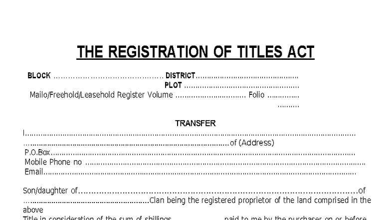 LAND Transfer Forms - Registration of Titles Act Documentation - Studocu