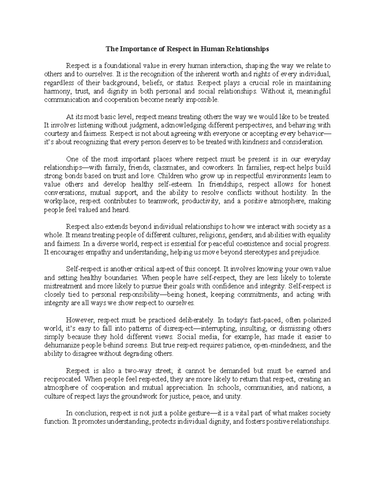 The Role of Respect in Human Relationships: A Comprehensive Study - Studocu