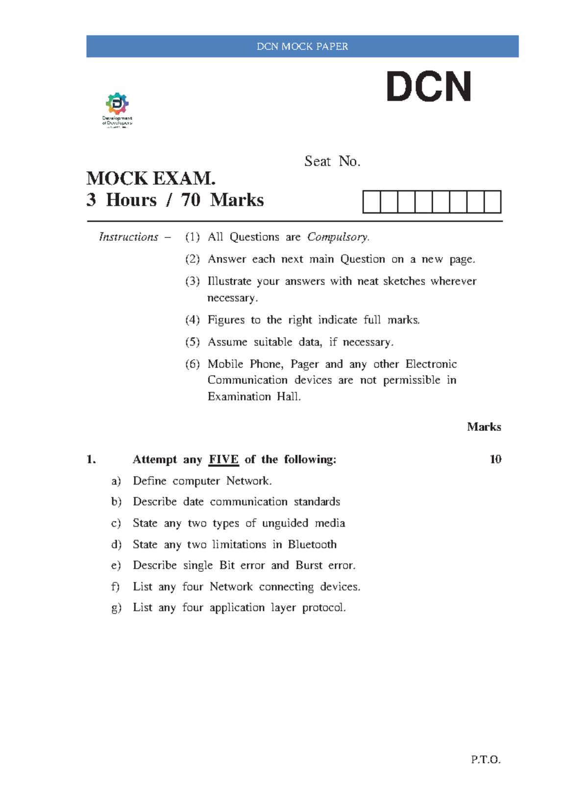 DCN Mock Exam Paper - Comprehensive Review for 70 Marks - Studocu