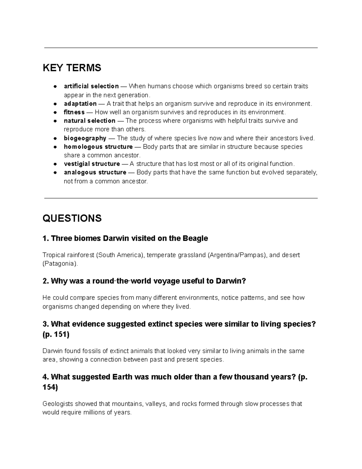 KEY TERMS & CONCEPTS: Evolution & Natural Selection Overview - Studocu