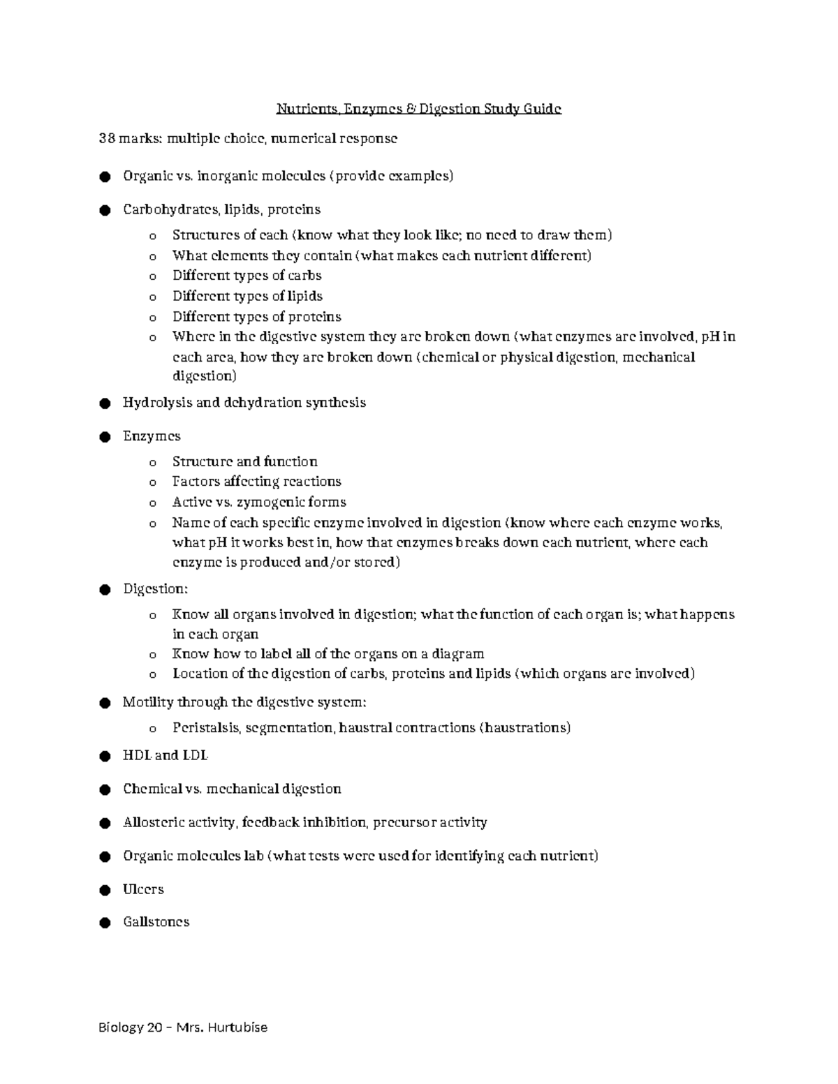 Biology 20 Chapter 8: Nutrients, Enzymes & Digestion Study Guide - Studocu