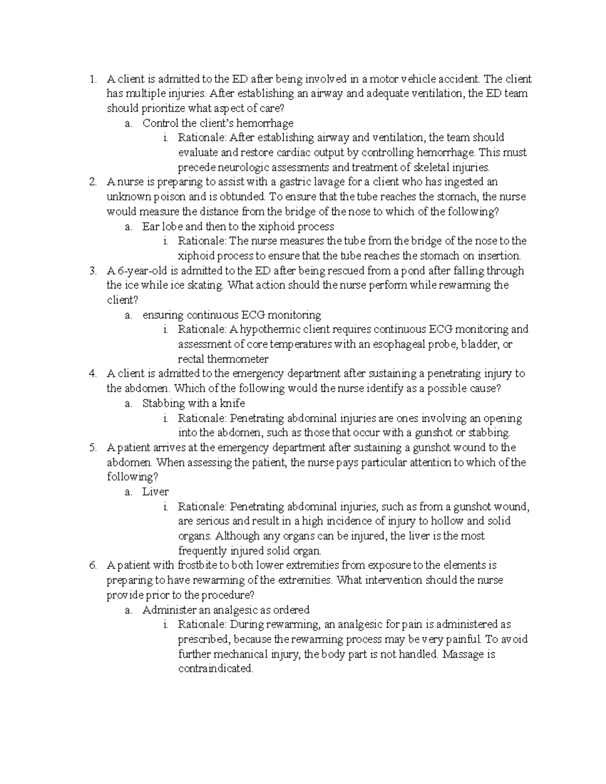 Emergency Nursing Practice Questions for ED Scenarios - Studocu