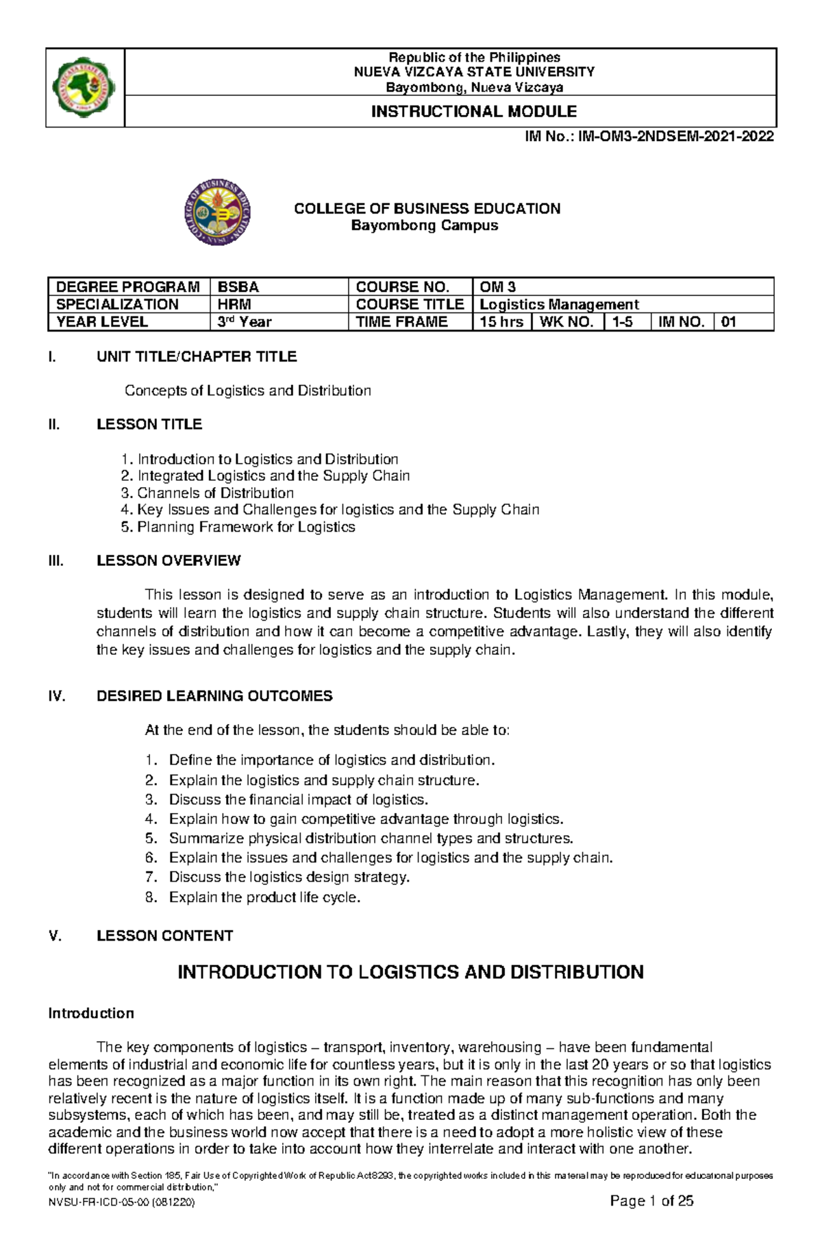 Logistics Module 1 - NUEVA VIZCAYA STATE UNIVERSITY Bayombong, Nueva ...