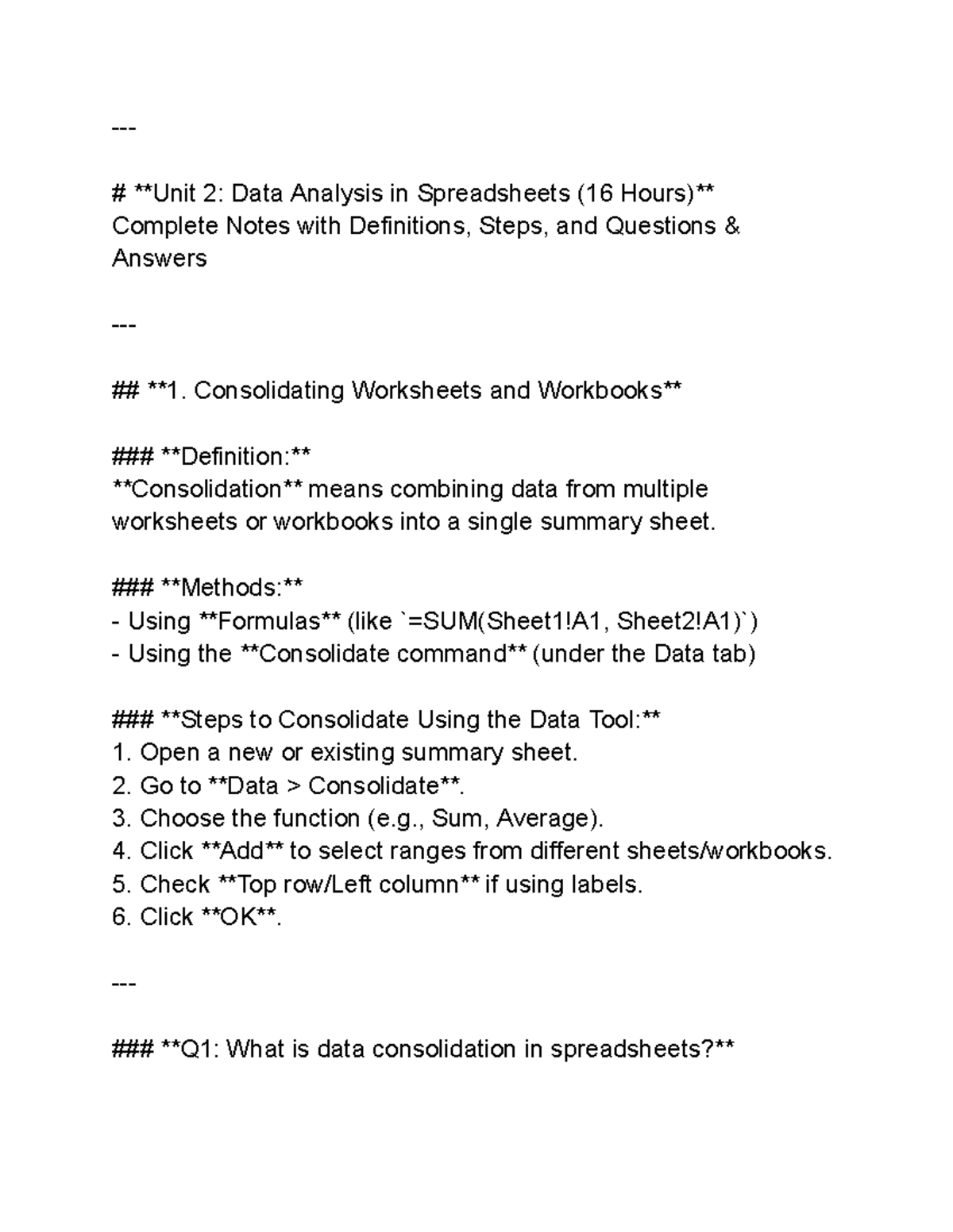 Unit 2: Data Analysis in Spreadsheets - Complete Notes & Definitions ...