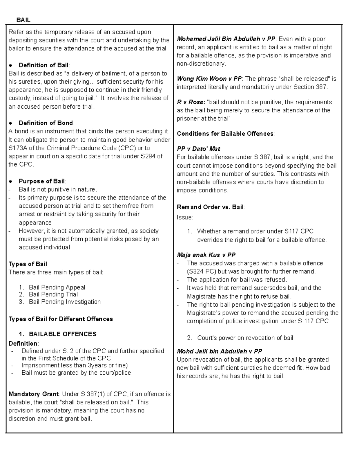 3. BAIL - Criminal Procedure II - Comprehensive Overview of Bail - Studocu
