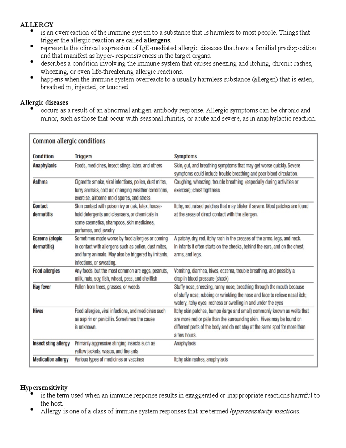 Allergy - Nursing Lecture Notes for Nursing Students (NRS 101) - Studocu