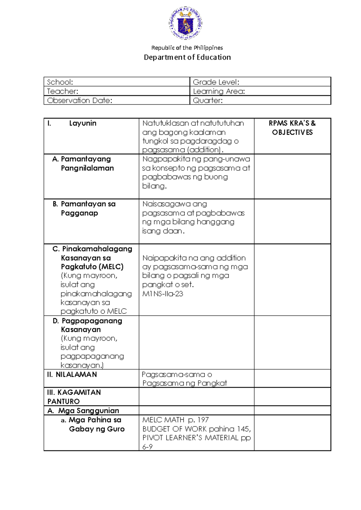 Addition Lesson Plan - M1NS-IIa-23 - Studocu