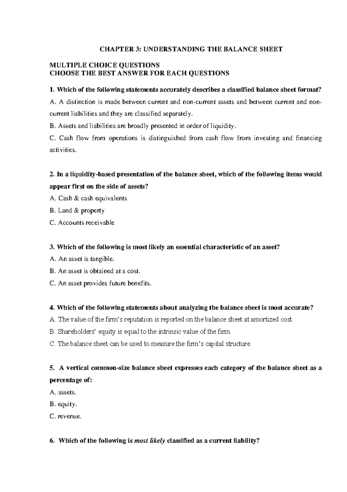 Chapter 3 Exercises: Understanding the Balance Sheet Concepts - Studocu