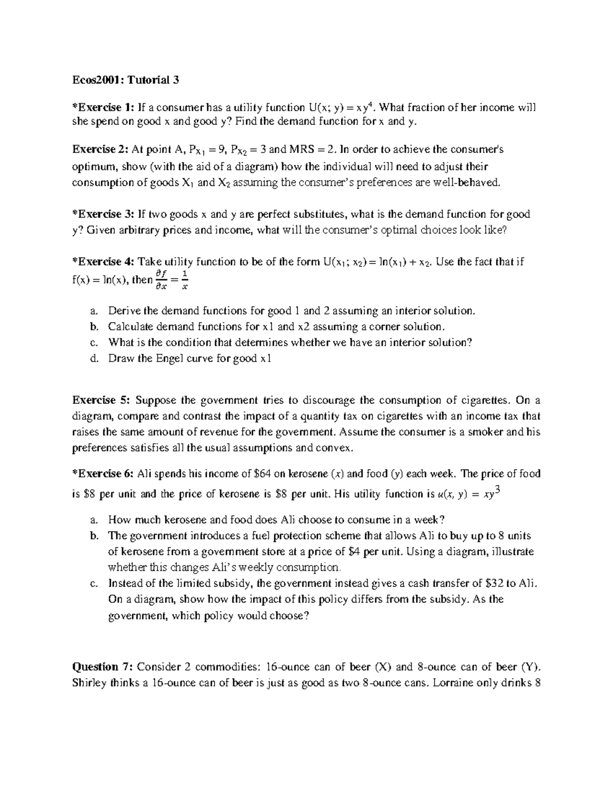 ECOS2001: Utility Functions and Demand Analysis in Tutorial 3 - Studocu