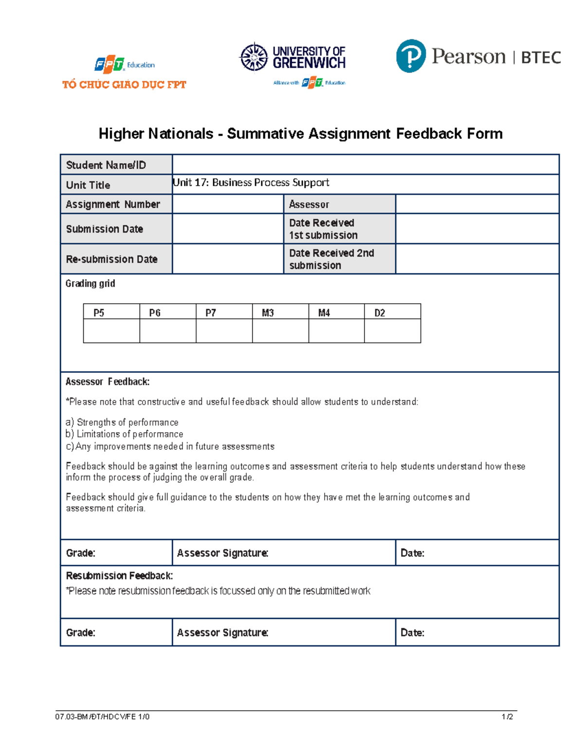 Unit 17 - Business Process Support: Summative Assignment Feedback Form ...