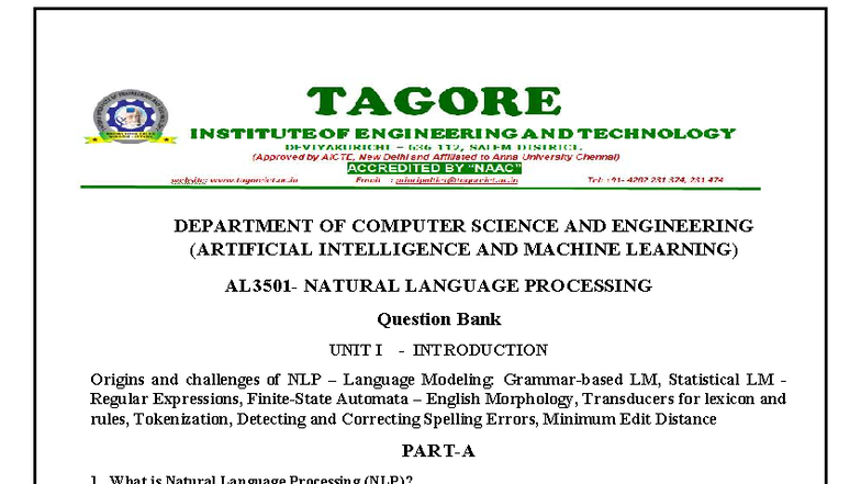 NLP- Question Bank - CSE AI & ML - Unit I Overview - Studocu