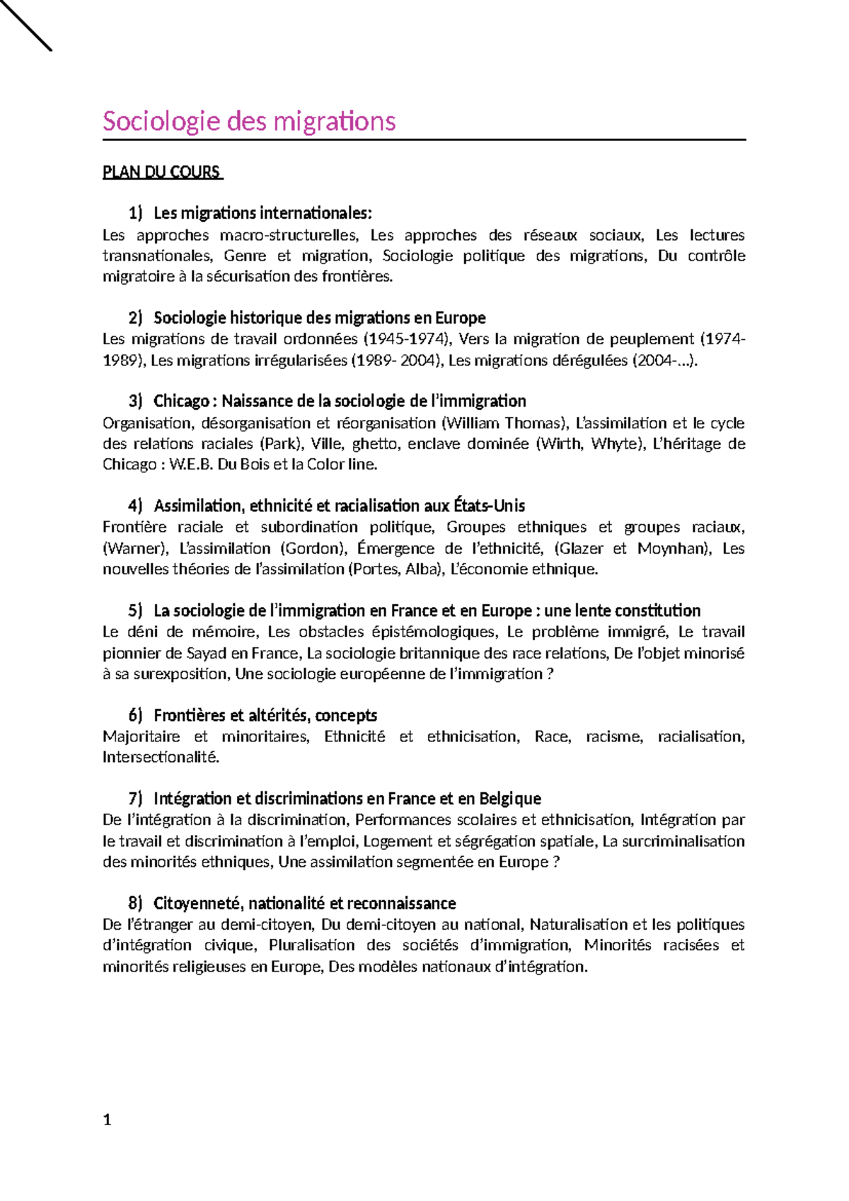 Sociologie des migrations : Plan de cours et thématiques clés (SOCI 101 ...